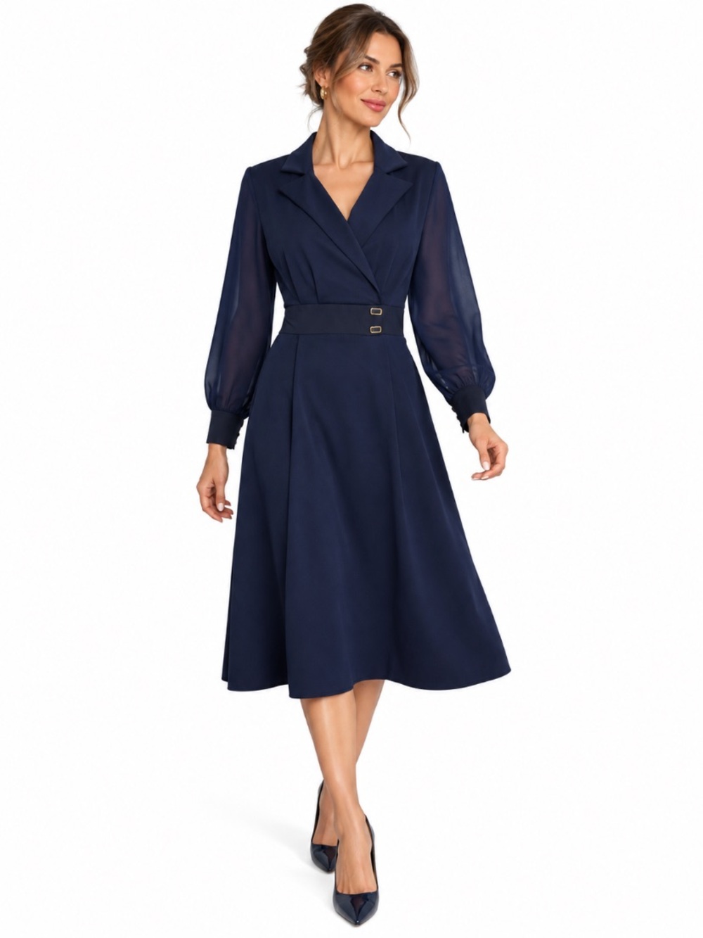 Fashion NEW Classic Navy Wrap Front Sheer Sleeve Office Siren Midi Dress Sz. M/L